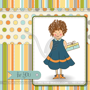 Curly young girl she hide a gift - vector clipart