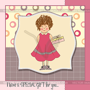 Curly young girl she hide a gift - vector clip art