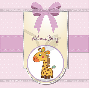 New baby girl announcement card with giraffe - vector image