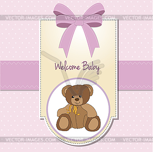 Baby girl welcome card with teddy bear - vector clip art