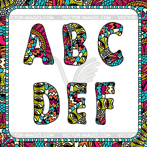 A, B, C, D, E, F. Letters of alphabet with ethnic - vector clip art