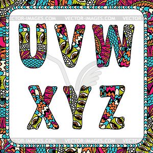 U, V, W, X, Y, Z. Буквы алфавита с этническими - векторный рисунок