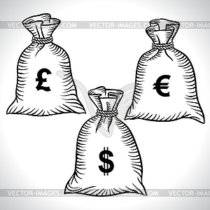 Money bags with dollars, euro and pound.  - vector clipart