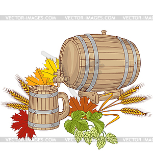 Barrel, mug, wheat, hops - vector image