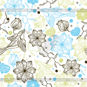 Retro seamless pattern with flowers and birds - vector clipart