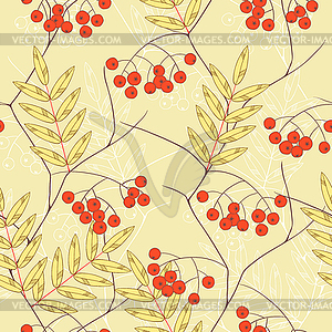 Seamless background with rowanberry and leaves - vector image