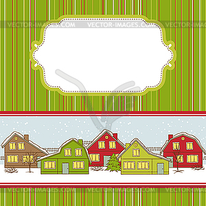 Christmas card, cute little town in winter - vector clipart