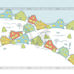 Christmas card, cute little town in winter - vector clipart