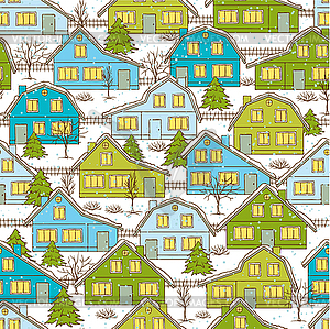 Seamless Christmas pattern with houses and trees - vector image