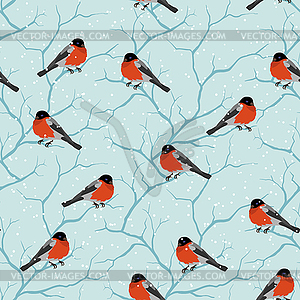 Winter seamless pattern. Birds on tree in Christmas - vector clip art