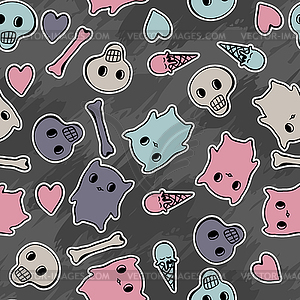 Skulls, and hearts - seamless pattern - color vector clipart