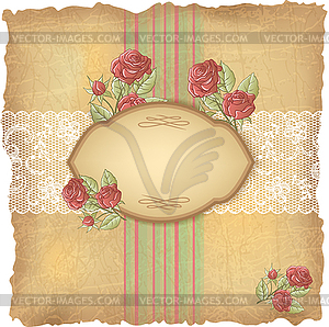 Винтажный фон с розами и кружевом. Старая бумага - изображение в векторном формате