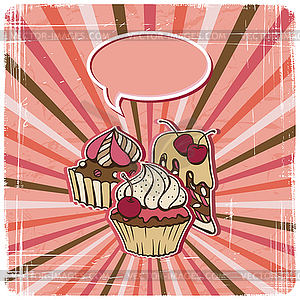 Background with of cake in retro style. Vintage card - vector image