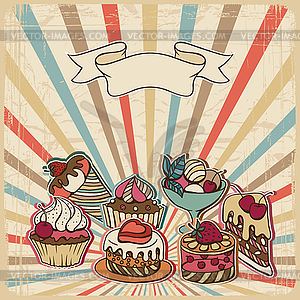 Background with of cake in retro style. Vintage card - vector clipart