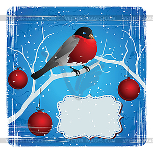 Bird on tree in winter. Christmas and New Year`s - vector clip art