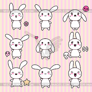 Collection of funny and cute happy kawaii rabbits - vector clip art