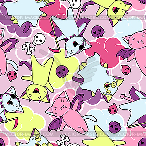 Kawaii pattern of Halloween cats and creatures - vector clipart