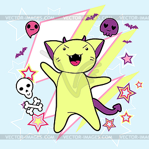 Kawaii Halloween cat and creatures - vector clipart