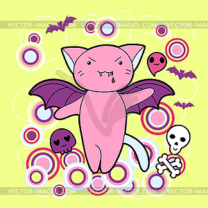 Kawaii Halloween cat and creatures - vector clip art