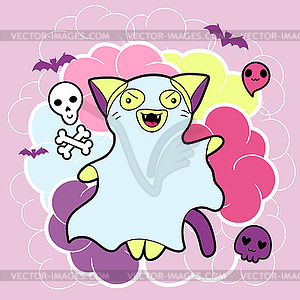 Kawaii Halloween cat and creatures - vector clipart / vector image