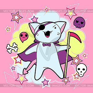 Kawaii Halloween cat and creatures - vector image