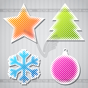 Christmas stickers with tree, star, snowflake, ball - vector image