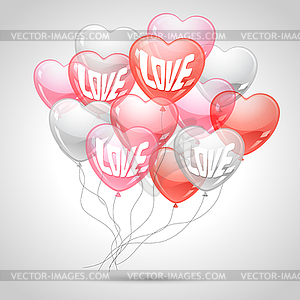 Background with flying balloons in shape of heart - vector image