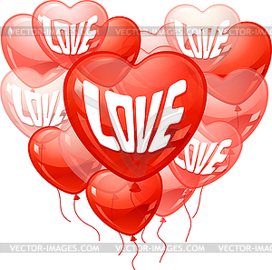 Background with flying balloons in shape of heart - vector image