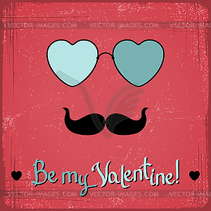 Valentine card with glasses, hearts and mustache - vector clipart