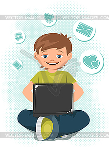 Young teen boy working on laptop - vector clipart