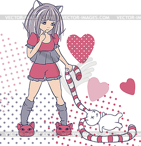 Manga style girls with toy. background - vector clipart