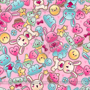 Seamless kawaii child pattern with cute doodles - vector clipart