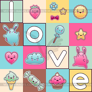 Cute child background with kawaii doodles - vector image