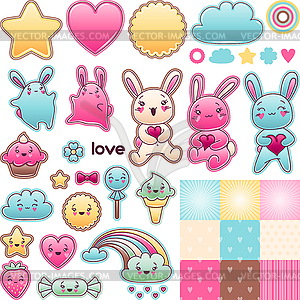 Set of decorative design elements with kawaii - color vector clipart