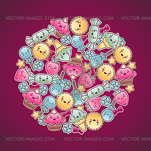 Cute child background with kawaii doodles - vector image