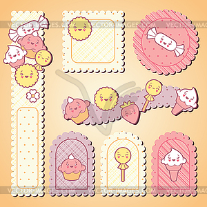 Set of decorative design elements with kawaii food - vector clipart