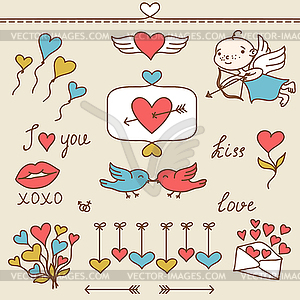 Set of Valentine`s cute doodles and design elements - vector image