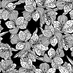 Abstract black seamless flower pattern with orchid - vector image