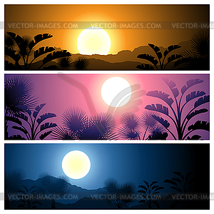 Tropical banners set landscape, sun, moon and palm - vector clipart