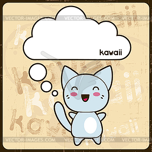 Kawaii card with cute cat on grunge background - vector image