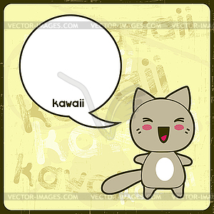 Kawaii card with cute cat on grunge background - vector image