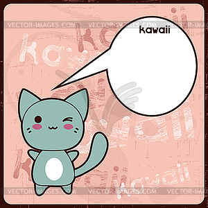 Kawaii card with cute cat on grunge background - vector image