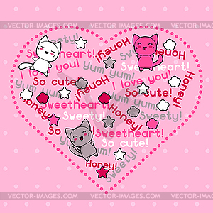 Card with cute kawaii doodle cats - vector clipart