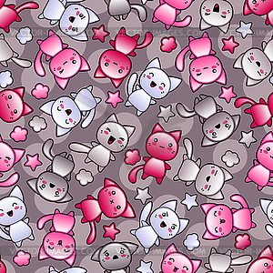 Seamless pattern with cute kawaii doodle cats - vector image