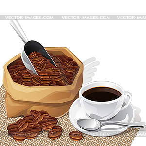 Background with cup and bag of coffee beans - vector clip art