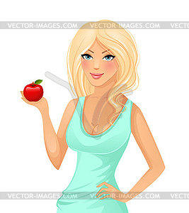 Beautiful blond woman with red apple - vector clip art