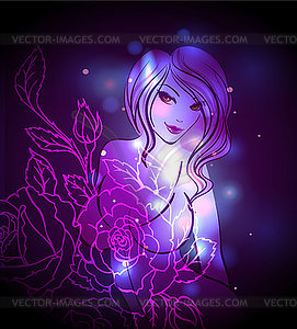 Abstract color glowing background with girl - vector image