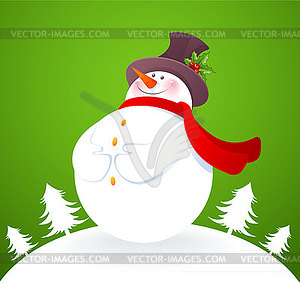 Snowman on green card - vector image