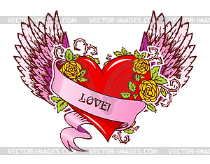 Vintage heart with wings - vector clip art