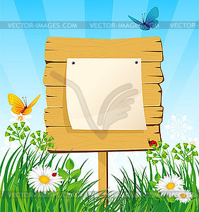 Wooden banner in grass - vector clip art